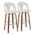 Ava Upholstered 30" Contemporary Fixed-Height Barstool with Swivel in Walnut Wood and Snow White Fabric with Round Chrome Metal Footrest- Set of 2 — pair view
