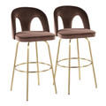 Ava Upholstered 30" Contemporary Fixed-Height Barstool with Swivel in Gold Metal and Espresso Velvet with Round Gold Metal Footrest- Set of 2 — pair view