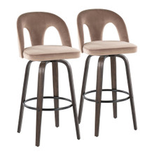 Ava Upholstered 30" Contemporary Fixed-Height Barstool with Swivel in Walnut Glazed Wood and Taupe Velvet with Round Black Metal Footrest- Set of 2 — pair view