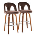 Ava Upholstered 30" Contemporary Fixed-Height Barstool with Swivel in Walnut Wood and Espresso Velvet with Round Chrome Metal Footrest- Set of 2 — pair view
