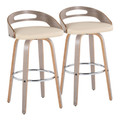 Cassis 30" Mid-Century Modern Fixed-Height Barstool with Swivel in Light Grey Wood and Cream Faux Leather with Round Chrome Metal Footrest- Set of 2 — pair view