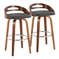 Cassis 30" Mid-Century Modern Fixed-Height Barstool with Swivel in Walnut Wood and Grey Faux Leather with Round Chrome Metal Footrest- Set of 2 — pair view