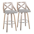 Charlotte 30" Farmhouse Fixed-Height Barstool with Swivel in Light Grey Wood and Grey Fabric with Round Chrome Metal Footrest- Set of 2 — pair view