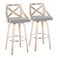 Charlotte 30" Farmhouse Fixed-Height Barstool with Swivel in Whitewashed Wood and Light Grey Fabric with Round Chrome Metal Footrest- Set of 2 — pair view