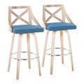 Charlotte 30" Farmhouse Fixed-Height Barstool with Swivel in Whitewashed Wood and Blue Fabric with Round Chrome Metal Footrest- Set of 2 — pair view