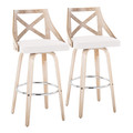 Charlotte 30" Farmhouse Fixed-Height Barstool with Swivel in Whitewashed Wood and Cream Fabric with Round Chrome Metal Footrest- Set of 2 — pair view