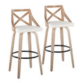 Charlotte 30" Farmhouse Fixed-Height Barstool with Swivel in Whitewashed Wood and White Faux Leather with Round Black Metal Footrest- Set of 2 — pair view