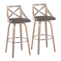 Charlotte 30" Farmhouse Fixed-Height Barstool with Swivel in Light Grey Wood and Grey Faux Leather with Round Chrome Metal Footrest- Set of 2 — pair view