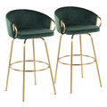 Claire Contemporary/Glam 30" Fixed-Height Bar Stool with Gold Metal Legs and Round Gold Metal Footrest with Green Velvet Seat and Gold Accents- Set of 2 — pair view