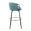 Claire bar stool in Black Metal, Gold Metal, Light Blue Velvet, side view, featuring velvet design and metal design