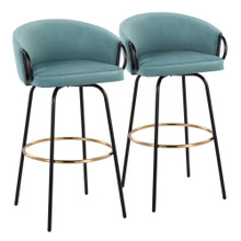 Claire Contemporary/Glam Barstool in Black Metal and Light Blue Velvet with Gold Metal Footrest- Set of 2 — pair view