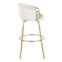 Claire bar stool in Gold Metal, White PU, side view, featuring swivel