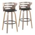 Cosini 30" Mid-Century Modern Fixed-Height Barstool with Swivel in Light Grey Wood and Black Faux Leather with Round Black Metal Footrest- Set of 2 — pair view