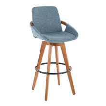 Cosmo Mid-Century 29" Fixed-Height Barstool with Swivel in Walnut Bamboo and Blue Noise Fabric with Round Black Metal Footrest — product view