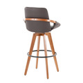 Cosmo bar stool in Walnut Bamboo, Brown PU, Black Metal, back and side view, featuring swivel and metal footrest