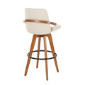 Cosmo bar stool in Walnut Bamboo, Cream PU, Black Metal, back and side view, featuring swivel and metal footrest