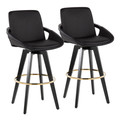 Cosmo 30" Contemporary Fixed-Height Barstool with Swivel in Black Wood and Black Faux Leather with Round Gold Metal Footrest- Set of 2 — pair view