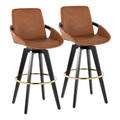 Cosmo 30" Contemporary Fixed-Height Barstool with Swivel in Black Wood and Camel Faux Leather with Round Gold Metal Footrest- Set of 2 — pair view