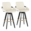 Cosmo 30" Contemporary Fixed-Height Barstool with Swivel in Black Wood and Cream Faux Leather with Round Gold Metal Footrest- Set of 2 — pair view