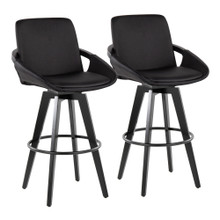 Cosmo 30" Contemporary Fixed-Height Barstool with Swivel in Black Wood and Black Faux Leather with Round Black Metal Footrest- Set of 2 — pair view
