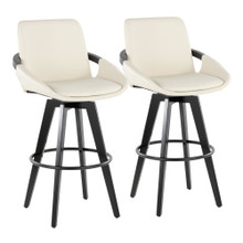 Cosmo 30" Contemporary Fixed-Height Barstool with Swivel in Black Wood and Cream Faux Leather with Round Black Metal Footrest- Set of 2 — pair view