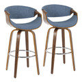 Curvini 30" Mid-Century Modern Fixed Height Barstool with Swivel in Walnut Wood and Blue Fabric- Set of 2 — pair view