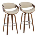 Curvini 30" Mid-Century Modern Fixed Height Barstool with Swivel in Walnut Wood and Cream Fabric- Set of 2 — pair view