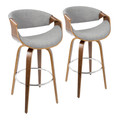 Curvini 30" Mid-Century Modern Fixed Height Barstool with Swivel in Walnut Wood and Grey Fabric- Set of 2 — pair view