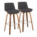 Corazza 30" Mid-Century Modern Fixed-Height Barstool with Swivel in Walnut Wood and Charcoal Fabric with Square Chrome Metal Footrest- Set of 2 — pair view