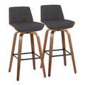 Corazza 30" Mid-Century Modern Fixed-Height Barstool with Swivel in Walnut Wood and Charcoal Fabric with Square Black Metal Footrest- Set of 2 — pair view