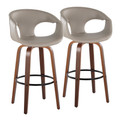 Curva 30" Mid-Century Modern Fixed-Height Barstool with Swivel in Walnut Wood and Light Grey Faux Leather with Round Black Metal Footrest- Set of 2 — pair view