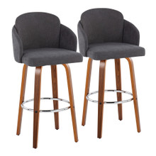 Dahlia 30" Contemporary Fixed-Height Barstool in Walnut Wood and Grey Fabric with Round Chrome Footrest- Set of 2 — pair view