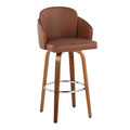 Dahlia 30" Contemporary Fixed-Height Barstool in Walnut Wood and Camel Faux Leather with Round Chrome Footrest- Set of 2 — product view