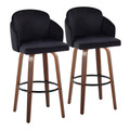 Dahlia 30" Contemporary Fixed-Height Barstool in Walnut Wood and Black Velvet with Gold Metal Accent and Round Black Footrest- Set of 2 — pair view