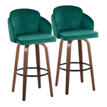 Dahlia 30" Contemporary Fixed-Height Barstool in Walnut Wood and Green Velvet with Gold Metal Accent and Round Black Footrest- Set of 2 — pair view