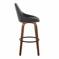 Diana bar stool in Walnut Wood, Black PU, Black Metal, side view, featuring swivel and wood frame