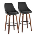 Diana 30" Contemporary Fixed-Height Barstool with Swivel in Walnut Wood and Black Faux Leather with Round Black Metal Footrest- Set of 2 — pair view