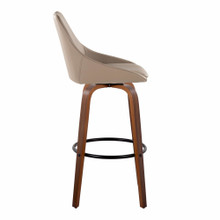 Diana bar stool in Walnut Wood, Brown PU, Black Metal, side view, featuring swivel and wood frame