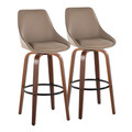 Diana 30" Contemporary Fixed-Height Barstool with Swivel in Walnut Wood and Brown Faux Leather with Round Black Metal Footrest- Set of 2 — pair view