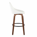 Diana bar stool in Walnut Wood, White PU, Black Metal, side view, featuring swivel and wood frame