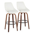 Diana 30" Contemporary Fixed-Height Barstool with Swivel in Walnut Wood and White Faux Leather with Round Black Metal Footrest- Set of 2 — pair view