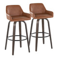 Daniella 30" Contemporary Fixed-Height Barstool with Swivel in Walnut Glazed Wood and Camel Faux Leather with Round Black Metal Footrest- Set of 2 — pair view