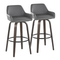 Daniella 30" Contemporary Fixed-Height Barstool with Swivel in Walnut Glazed Wood and Grey Faux Leather with Round Black Metal Footrest- Set of 2 — pair view