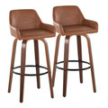 Daniella 30" Contemporary Fixed-Height Barstool with Swivel in Walnut Wood and Camel Faux Leather with Round Black Metal Footrest- Set of 2 — pair view