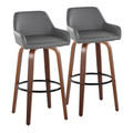 Daniella 30" Contemporary Fixed-Height Barstool with Swivel in Walnut Wood and Grey Faux Leather with Round Black Metal Footrest- Set of 2 — pair view