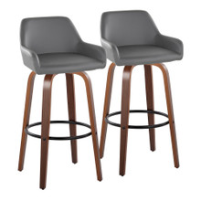Daniella 30" Contemporary Fixed-Height Barstool with Swivel in Walnut Wood and Grey Faux Leather with Round Black Metal Footrest- Set of 2 — pair view