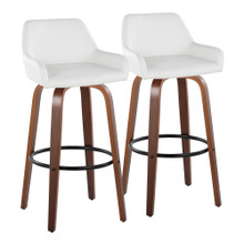 Daniella 30" Contemporary Fixed-Height Barstool with Swivel in Walnut Wood and White Faux Leather with Round Black Metal Footrest- Set of 2 — pair view