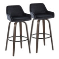 Daniella 30" Contemporary Fixed-Height Barstool with Swivel in Walnut Glazed Wood and Black Velvet with Round Black Metal Footrest- Set of 2 — pair view