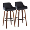 Daniella 30" Contemporary Fixed-Height Barstool with Swivel in Walnut Wood and Black Velvet with Round Black Metal Footrest- Set of 2 — pair view