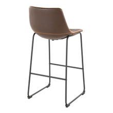 Duke bar stool in Black Metal, Espresso PU, Orange Zig Zag Stitching, back and side view, featuring metal footrest